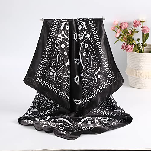 CHLINS 35" Satin Square Hair Scarf Bandanas - 3Pcs Large Silk Head Scarves Lightweight Sleeping Hair Wraps for Women - color: Black+white+pink