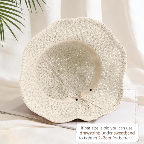 Sun Hat for Women Beach Hat Straw Bucket Hat Summer UV Protection, Packable Breathable Crochet Style - color: 1pack-milk White