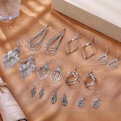 9 Pairs Silver Dangle Earrings for Women Set Retro Vintage Statement Bohemia Boho Drop Earrings Summer Jewelry for Women - style: D