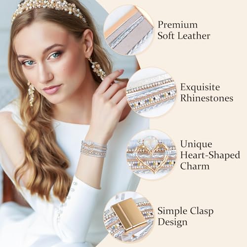 Leather Wrap Bracelet for Women, Boho Cuff Bracelet with Strong Clasp, Multi-Layer Crystal Leather Bracelet for Valentine Mother's Day - color: 01-Heart-Sliver with Gold Clasp