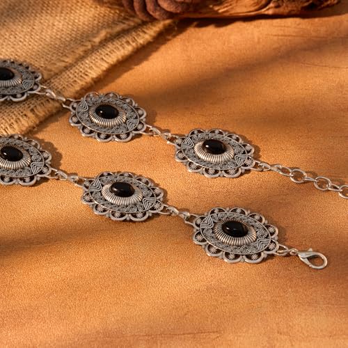 XZQTIVE Women Boho Chain Belts For Dresses Jeans Western Cowgirl Waist Links Belt Adjustable Metal Concho Belt - color: Black Turquoise Silver, size: Fit Waist up to 46 In