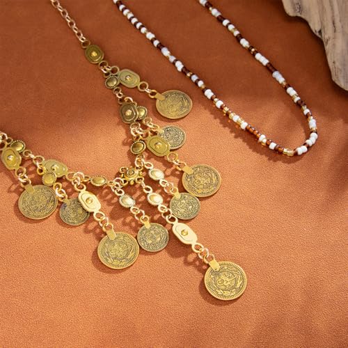 MIFYNN Boho Coin Charm Necklace for Women Pirate Necklace Gypsy Necklace Layered Coin Beaded Pendant Necklace Ethnic Gypsy Costume Accessories - style: A.