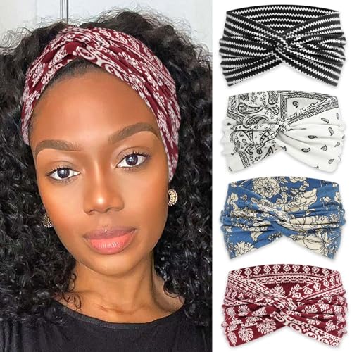 Boho Bandana Headband For Women Floral Wide Headbands Paisley Criss Cross Turban Head Wraps Non Slip Hair Scarf Head Bands Striped Cute Hairband Fashion Hair Accessories For Girls Teens 4 Pack - color: Style 139