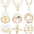KISS WIFE Golden Jewelry Set for Women with Multi Layered Necklaces, Stackable Bracelets, Knuckle Rings, Hoop Earrings, Fashion Outfit Accessories Jewelry Packs Gifts for Women - style: Style 1