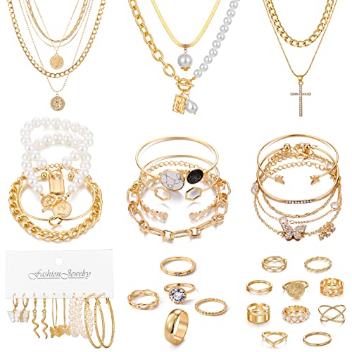 KISS WIFE Golden Jewelry Set for Women with Multi Layered Necklaces, Stackable Bracelets, Knuckle Rings, Hoop Earrings, Fashion Outfit Accessories Jewelry Packs Gifts for Women - style: Style 1
