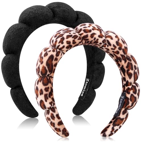 Ztomine Spa Headbands for Facial Skincare, Set of 2 Terry Cloth Headbands for Face Washing, Hair Mask, Skin Treatment - color: Leopard2+Black