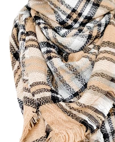 Wander Agio Womens Warm Long Shawl Winter Wraps Large Scarves Knit Cashmere Feel Plaid Triangle Scarf - color: Plaid White Camel 33