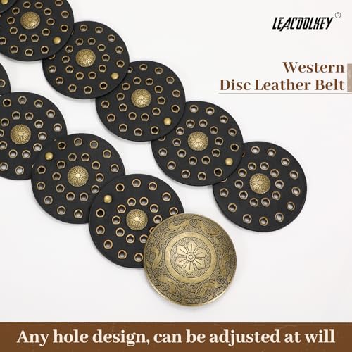 LEACOOLKEY Women's Boho Disc Belt Wide Western Leather Belt Vintage Concho Waist Belts for Dress Jeans - color: A-black, size: Fits 46"–51" (Waist/Hips), style: Style a