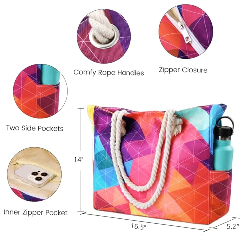 Clothirily Beach Bag for Women - Large Beach Tote Bag, Waterproof Sandproof Beach Bag with Zipper, Large Swim Pool Beach Tote - color: Rainbow