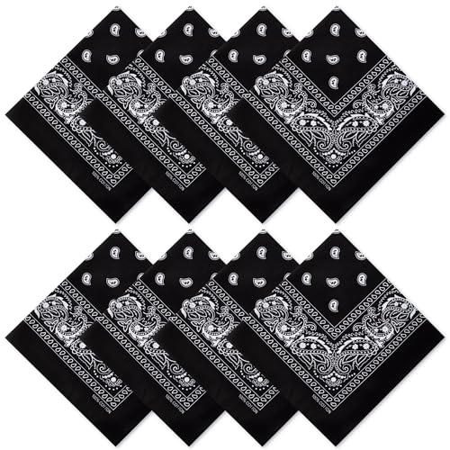 Raylarnia 8 PCS 100% Cotton Bandanas, 22 Inchs Multi-Purpose Bandana Scarfs Headbands for Men and Women - color: 8-black