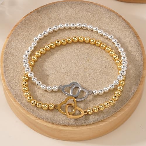 Matching Bracelets for Couple,Gold Silver Beaded Heart Couples Bracelets,Raomantic Relationship Promise Jewelry Gifts for Her - color: Double Heart