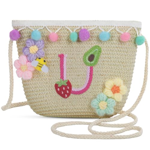 Letter Small Woven Straw Summer Beach Tote Bag for Women 2025,Woven Straw Beach Purse Shoulder Crossbody Bag for Women 2025 - color: Brown U