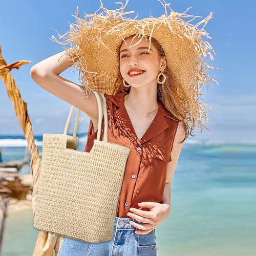 WantGor Straw Beach Bags, Women Summer Woven Tote Bag Large Boho Shoulder Handbags Casual Travel Beach Bag Foldable Hobo Bags - color: Beige