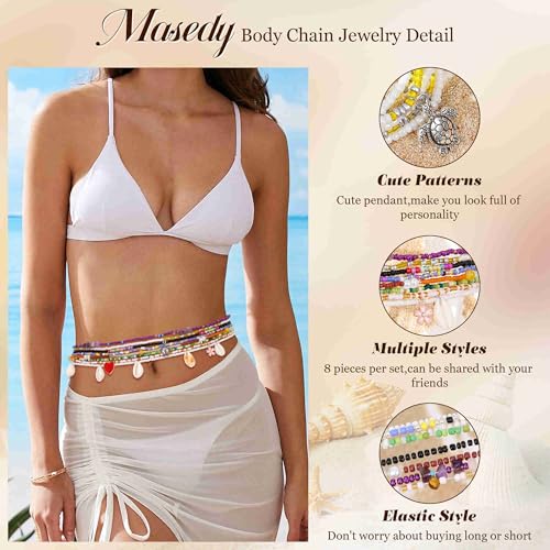 8PCS African Waist Bead Chains for Women Layered Belly Body Chain Handmade Plus Size Beaded Belly Chain Colorful Elastic Flower Butterfly Body Chains Summer Beach Bikini Body Jewelry 31-45in - style: Set B