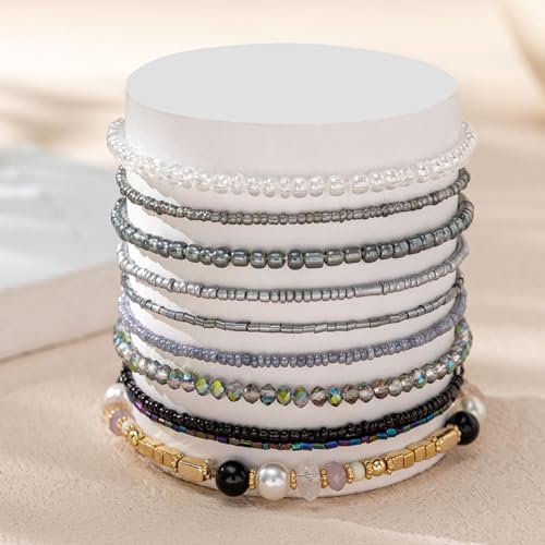 Handmade Bohemian Colorful Crystal Beaded Bracelets Set Multilayered Stackable Boho Stretch Adjustable Bangle Cuff Friendship Summer Beach Jewelry for Women - color: black