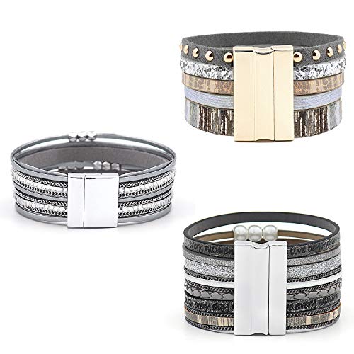 Wowanoo 3Pack Leather Cuff Bracelet Set Multilayer Wrap Bracelet Crystal Feather Tree Bracelet Magnetic Clasp Bracelet for Women - color: Grey