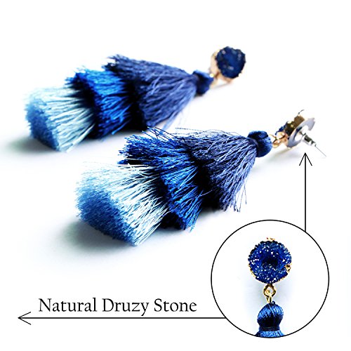 Me&Hz Colorful Layered Tassel Earrings Bohemian Statement Tiered Tassel Big Dangle Drop Earrings for Women Druzy Studs Valentine’s Day Gift - color: Blue ombre