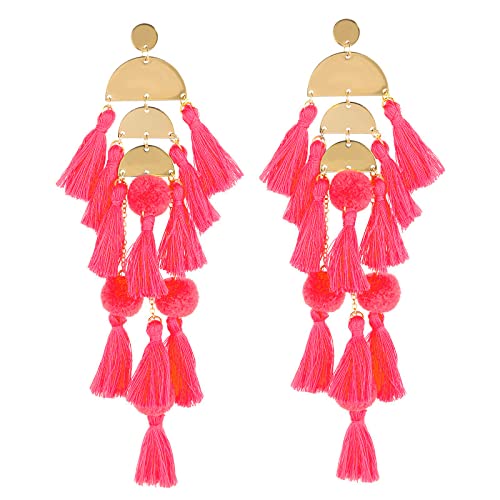 Long Tassel Earrings for Women Colorful Fringe Drop Dangle Earrings Bohemian Hawaiian Summer Beach Jewelry for Womens Vacation Outfits - color: Dark Pink