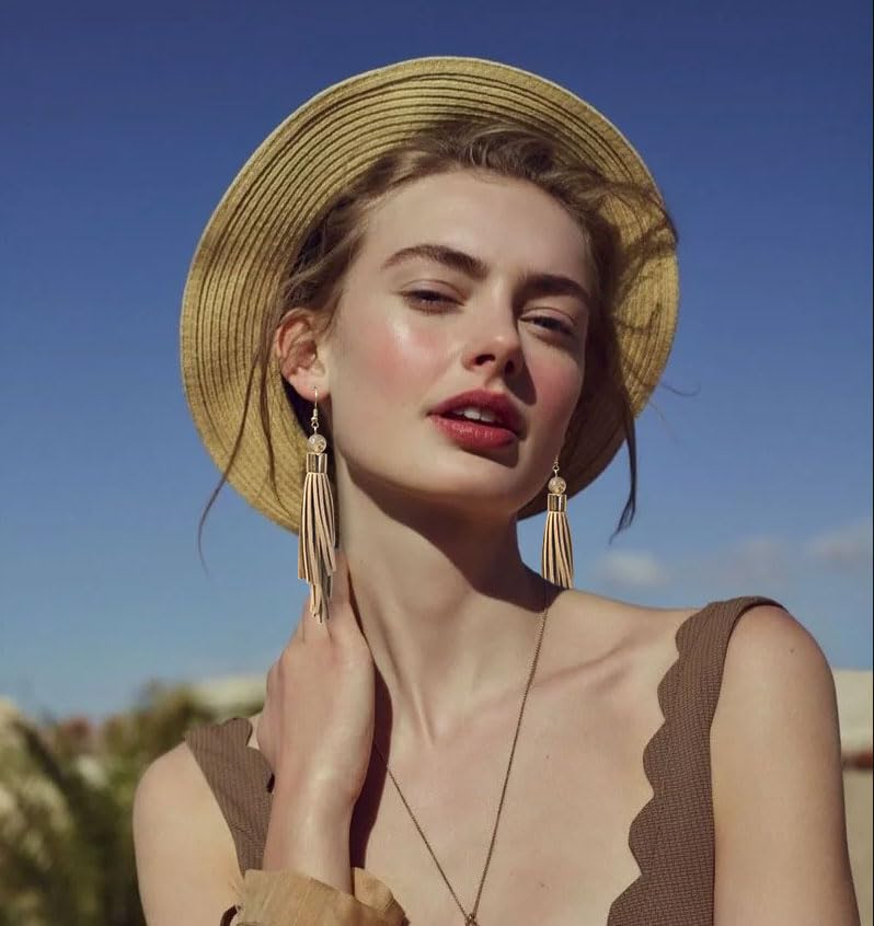 Coiris Boho Leather Layered Tassel Earrings for Women Lightweight Leather Fringe Dangle Earrings Handmade Bohemian Summer Beach Western Drop Earrings for Women - color: Khaki