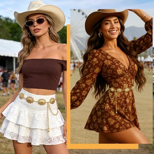 XZQTIVE Women Boho Chain Belts For Dresses Jeans Western Cowgirl Waist Links Belt Adjustable Metal Concho Belt - color: Matte Gold, size: Fit Waist up to 35 In