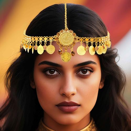 Catery Gold Coin Head Chain Gypsy Headpiece for Women Cotusme (Large Coin) | Egyptian Head Piece Belly Dance Hair Chain Indian Hair Jewelry for Cleopatra Costume Halloween Party Sparkly Dangling - color: Large Coin