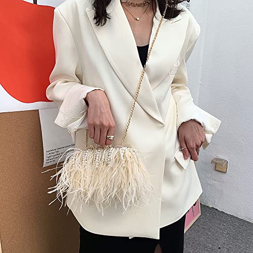 Women Real Natural Ostrich Feather Evening Bags Purses Clutch Vintage Banquet Handbag - color: Champange With Pearl