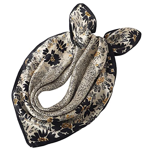STARWHISPER 100% Pure Mulberry Silk Square Scarf-27''x27 Lightweight Hair Scarves Headscarf Night Sleeping with Gift Packed - color: Black Flower