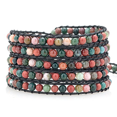 Layered Leather Handmade Bracelet Boho Bohemian Style Multilayer Crystal Glass Natural Stone Beaded Wrap Bracelets Collection for Women - style: BR495