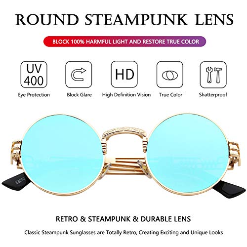 AIEYEZO Round Steampunk Sunglasses for Men Women Retro Circle Hippie Glasses Metal Frame 100% UV Blocking Lens - color: Gold/Ice Blue Mirror
