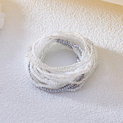 Fuqimanman2020 17Pcs Elastic Beaded Handmade Bracelets Bohemian Stackable Beaded Stretch Bracelets Colorful Rainbow Seed Beach Anket Bracelet Set Summer Jewelry for Women - color: White