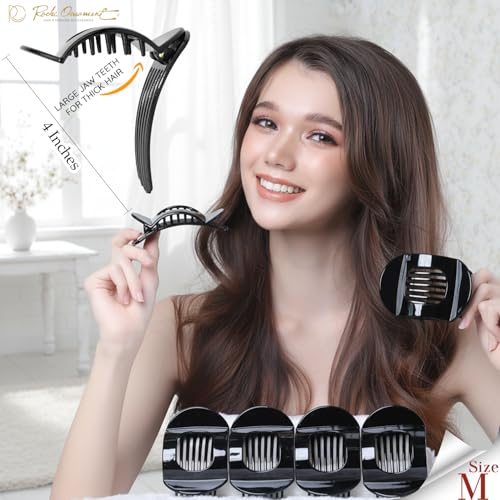 RC ROCHE 6 Pcs Flat Claw Hair Clips for Women Thick Hair French Round Duckbill Square Secure Strong Hold Grip Clamps Barrettes Curved No Slip No Crease Plastic Styling Cute, Medium Black - color: (Medium) Black