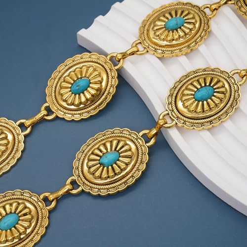 Women Western Chain Belt Adjustable Turquoise Metal Waist Chain Boho Chain Link Belt for Jeans or Dresses - color: Turquoise Gold, size: L: 53.1 in/135 cm