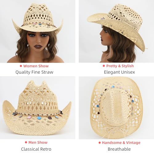 Straw Cowboy Hat, Western Cowgirl Hat, Wide Brim Sun Beach Hat for Men and Women - color: Beige-m25