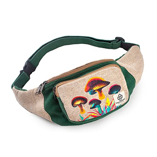 Freakmandu Eco-Friendly Boho Hippie Style Mushroom Hemp Fanny Pack Hip Waist Bag for Hiking Running Jogging Cross Body