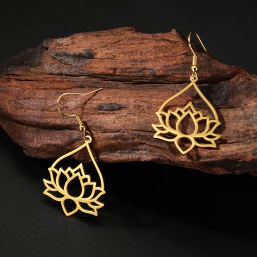 TEAMER Stainless Steel Lotus Flower Dangle Earrings Bohemian Drop Earring Unique Geometric Jewelry for Women - color: Lotus 7-Gold