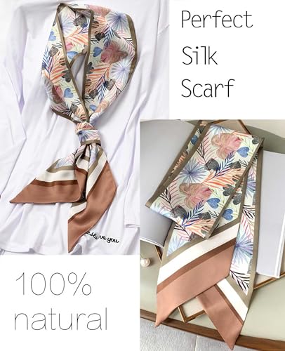 kcctoo 59” Long Silk Like Head Scarf Women's Fashion Square Neck Satin Scarfs for Bag Hair Scarves Gift 59 * 5.9” - color: Q2 Brown Leaf 59" X 5.9"