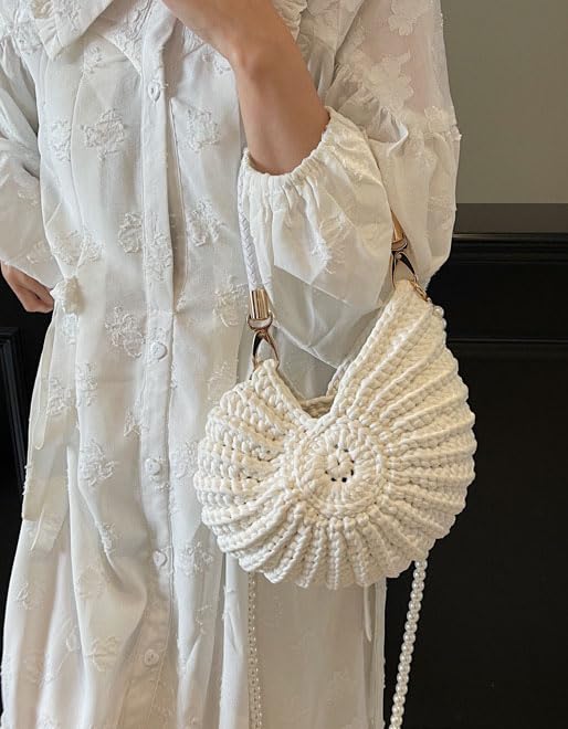 Handmade Crochet Tote Bag Seashell Purse for Women Boho Shell Handbag Crossbody Shoulder Bag Summer Beach Clutch Hobo Handbag - color: White