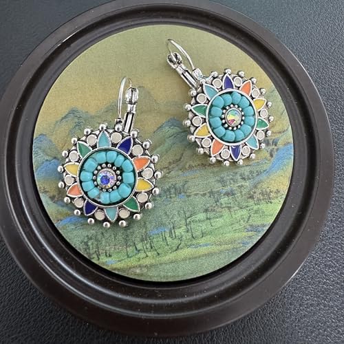 Unique Bohemian Vintage Sparkly Crystal Colorful Round Flower leverback earrings Boho Retro Bronze Circle Beaded Flower Floral Dangle Drop Earrings for Women - color: Sliver Blue