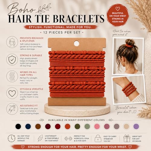 Elm City Direct 12pcs Hair Tie Bracelets, Boho Hair Ties, Hair Ties for Women, Elastic Hair Ties, Hair Bands for Ponytails (Black, Navy, Purple) - color: Black, Navy, Purple