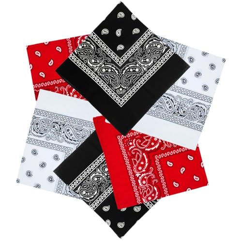 MDSTYLE 6 Pack 100% Cotton Bandanas 22” x 22" for Men & Women Paisley Handkerchief Headband Scarf Bandana - color: Black X2, White X2, Red X2