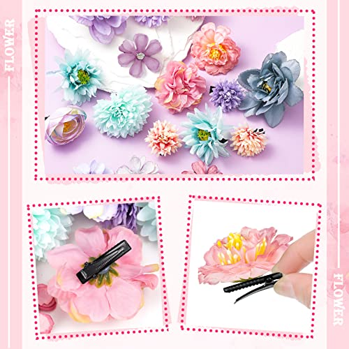 BBTO 21 Pcs Flower Hair Clip Rose Hair Clips Barrettes for Women Flower Accessories Boho Bride Claw Clip Hairpin Brooch Pin Headpiece for Wedding (Blue,Purple) - color: Blue, Purple