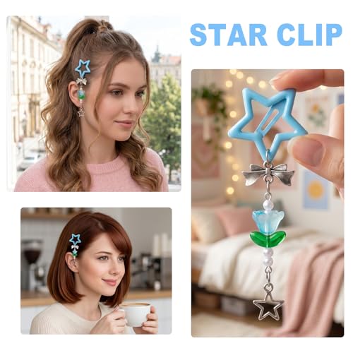 Pndeyo 2pcs Star Tassels Hair Clips for Women, Non-Slip Bow Flower 2000s Y2K Hair Snap Barrettes, Cute Star Beaded Pendant Hair Pin Accessories for Braid Long Short Thin Thick Hair- Blue - color: Blue-2pcs-A Style