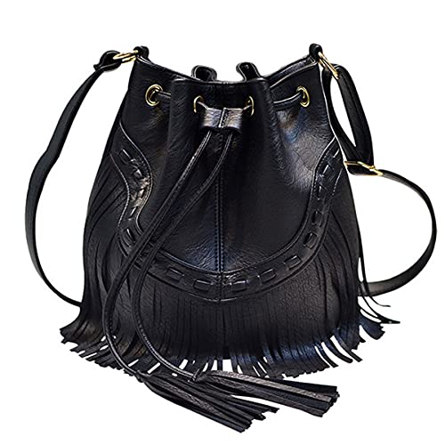 Hoce Women’s Leather Fringe Messenger Bag Large Hobo Crossbody Tassel Shoulder Bags, Gift for Mom Wife Girlfriend - color: C-black