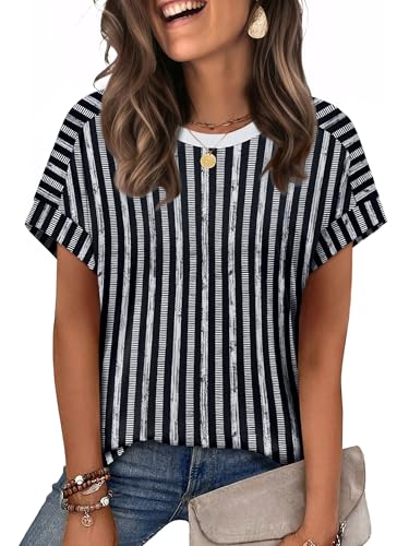 WIHOLL Womens Tops Short Sleeve Shirts Summer Outfits 2026 Spring Dressy Casual Clothes Clothing - color: Black Stripes, size: Large