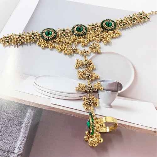 Boho Hand Chain Bracelet Ring For Women Trendy Finger Rings Retro Ethnic Style Dainty Adjustable Wrist Chain Cubic Zirconia Bracelet Wedding Jewelry Stocking Stuffers Engagement Gift - color: Green