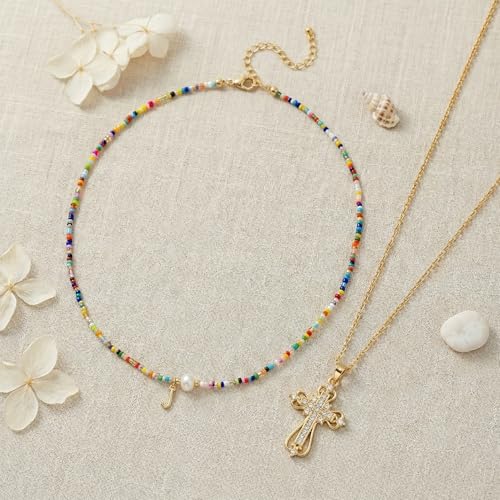 Colorful Pearl Beaded Initial Choker Necklaces for Women, Boho Handmade Personalized Seed Beads Letter Name Necklace Beach Surfer Bohemian Jewelry Gift - color: Cross J