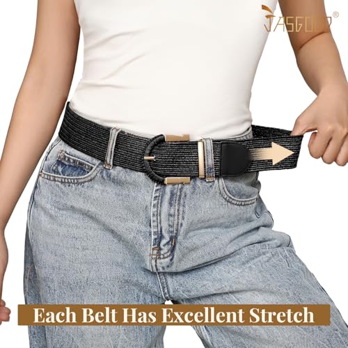 JASGOOD Straw Woven Belt for Women Dresses Boho Elastic Braided Belt Rattan Raffia Belts Ladies Wide Belt,1.97" Width - color: D-black, size: Fit waist size 30"-35"