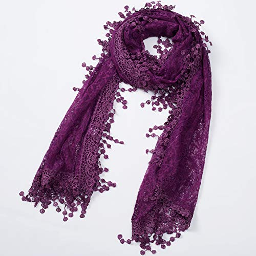 Cindy & Wendy Lightweight Soft Leaf Lace Fringe Scarf Bridal Shawl for Women - color: Purple-2