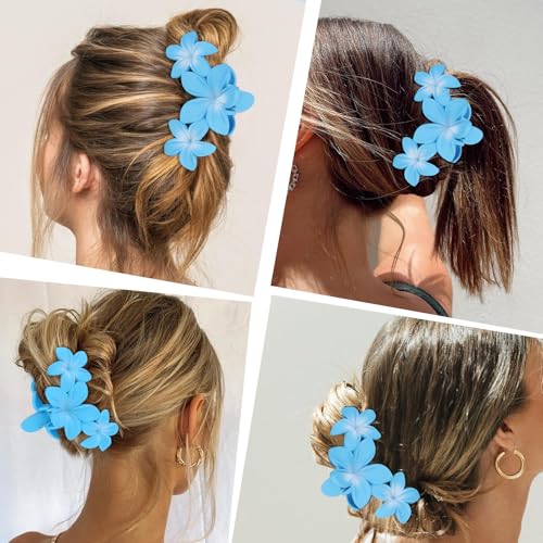 ANBALA 4PCS Flower Hair Clips Plumeria Hawaiian Claw Clips for Thick Hair Non-Slip Strong Hold Beach Accessories for Women Girls (Blue) - color: Blue
