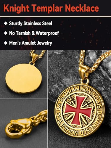 FaithHeart Knights Templar Necklace for Men, Christian Necklace for Men Stainless Steel Pendant Neckalces Christian Gifts with Gift Box - color: 04. Medal-Gold(Custom)